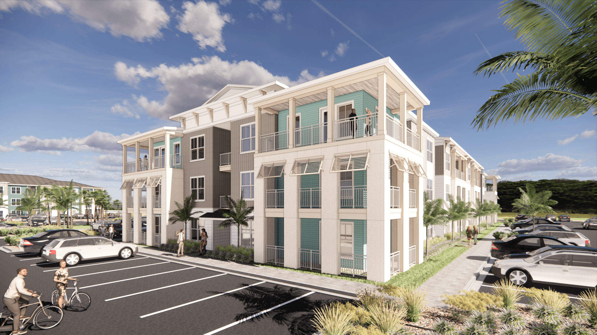 a rendering of a three story apartment building with cars parked in a parking lot